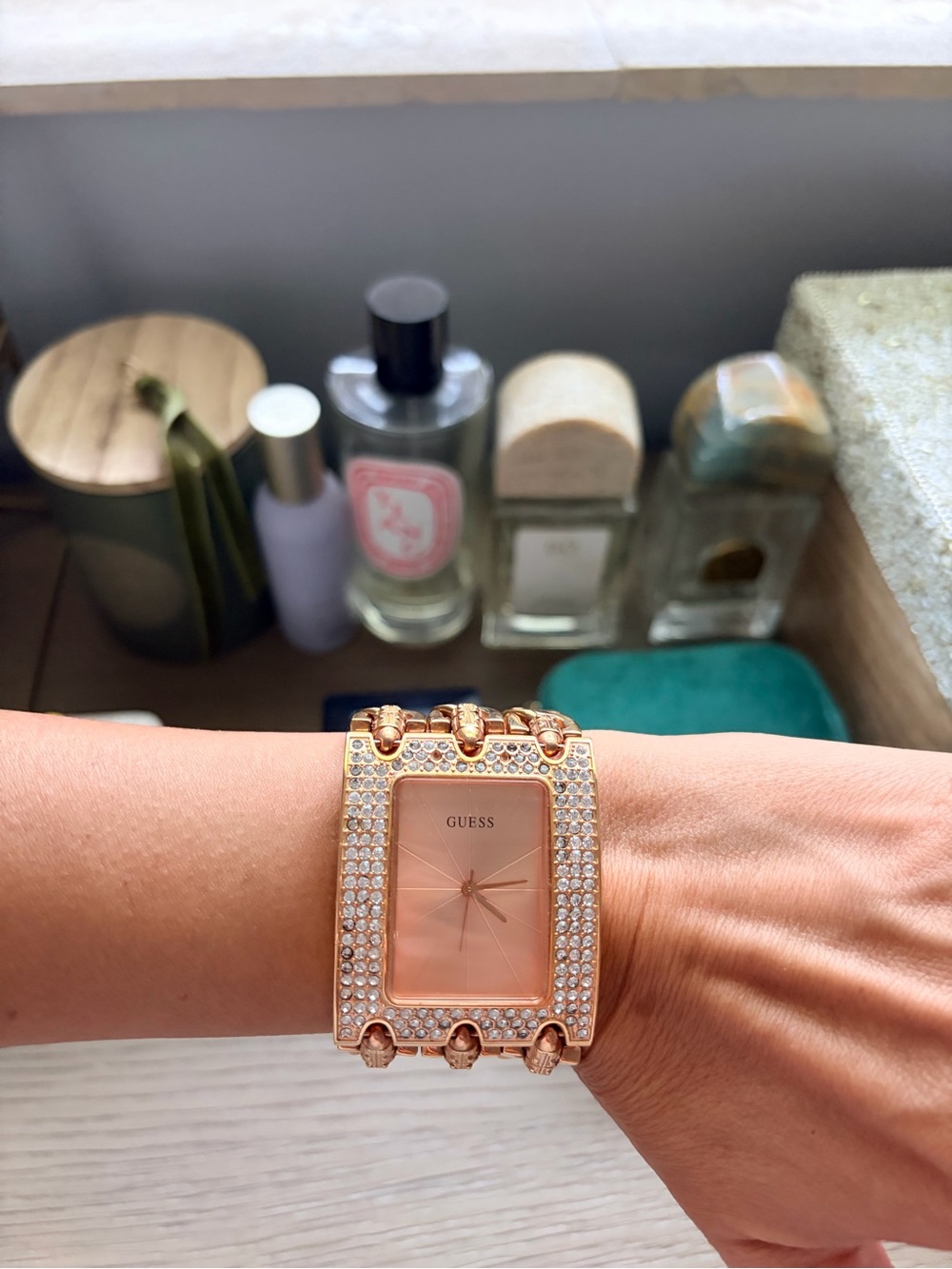 GUESS Rose Gold Crystal Rectangle Bangle Watch